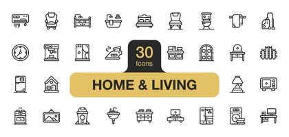 Set of 30 Home and Living icon element sets. Includes clock, toilet, lamp table, small cupboard, armchair, picture, and More. Outline icons vector collection.