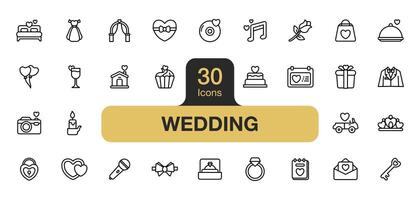 Set of 30 Wedding icon element set. Includes love, ring, cake, rose, candle, crown, and More. Outline icons vector collection.