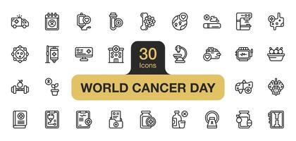 Set of 30 World cancer day icon element sets. Includes medical records, cancer, vitamins, no drinking, medical check, and More. Outline icons vector collection.