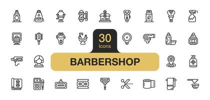 Set of 30 Barbershop icon element sets. Includes spray bottle, apron, shaver, hair iron, mirror, towel, razor, and More. Outline icons vector collection.