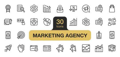 Set of 30 Marketing agency icon element set. Includes analysis, statistic, marketing, graph, target, product, and More. Outline icons vector collection.