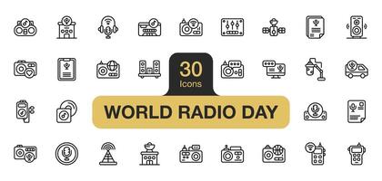 Set of 30 World radio day icon element sets. Includes live, on air, speaker, radio station, cassette, equalizer, radio transmitter, music album, and More. Outline icons vector collection.