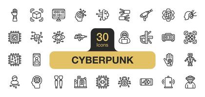 Set of 30 Cyberpunk icon element set. Includes hacker, digital, padlock, futuristic, virtual, computer, and More. Outline icons vector collection.