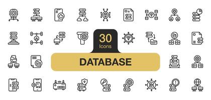 Set of 30 Database icon element sets. Includes data report, server, web hosting, data storage, data server, cluster, router, and More. Outline icons vector collection.