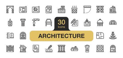 conjunto de 30 arquitectura icono elemento colocar. incluye casa, edificio, cúpula, muro, Plano, torre, y más. contorno íconos vector recopilación.