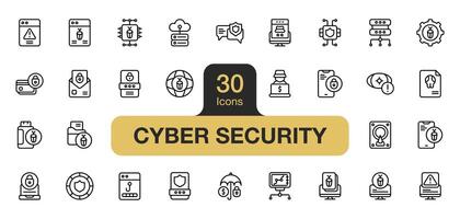 Set of 30 Cyber Security icon element sets. Includes security, safety, hacker, attack, communication, bug, and More. Outline icons vector collection.