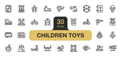 Set of 30 Children's toys icon element sets. Includes tale, castle, puppet, board, piano, skate, and More. Outline icons vector collection.