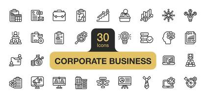 Set of 30 Corporate Business icon element sets. Includes Briefcase, Office building, Finance, Accounting, Marketing, Sales, Development, Innovation, and More. Outline icons vector collection.