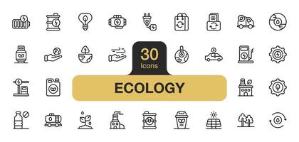 Set of 30 Ecology icon element sets. Includes nature, eco, environment, recycle, go green, ecosystem, and More. Outline icons vector collection.