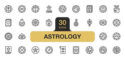 conjunto de 30 astrología icono elemento conjuntos incluye tarjeta, libro, zodíaco, ritual, y más. contorno íconos vector recopilación.