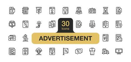 Set of 30 Advertisement icon element sets. Includes advertising, browser, podcast, marketing, billboard, and More. Outline icons vector collection.
