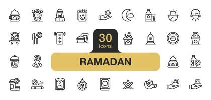 Set of 30 Ramadan icon element sets. Includes crescent moon, charity, meal, no drinks, mosque, and More. Outline icons vector collection.