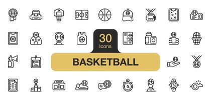 Set of 30 Basketball icon element sets. Includes ball, field, card, jersey, strategy, badge, winner, and More. Outline icons vector collection.