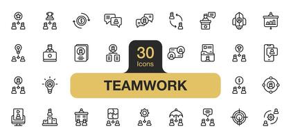 Set of 30 Teamwork icon element sets. Includes team, membership, management, startup, leader, cooperation, and More. Outline icons vector collection.