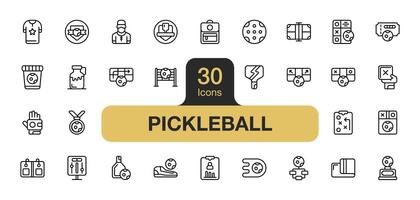 Set of 30 Pickleball icon element sets. Includes Pickleball Sport, Ball, Serve, Sport Court, Net, Athlete, Tournament, Strategy, Rules, Trophy, and More. Outline icons vector collection.