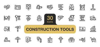 Set of 30 Construction Tools icon element sets. Include hammer, chainsaw, cutter, helmet, clamp, blueprint, and More. Outline icons vector collection.