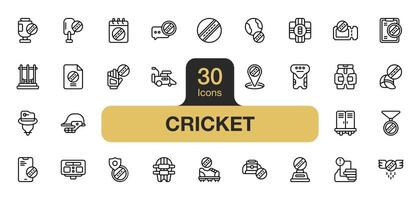 Set of 30 Cricket icon element sets. Includes cricket ball, bats cricket, cricket stump, wings, hat, and More. Outline icons vector collection.