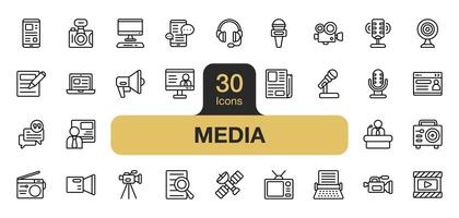 conjunto de 30 medios de comunicación icono elemento colocar. incluye cámara, radio, grabación, video, noticias, y más. contorno íconos vector recopilación.