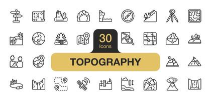 Set of 30 Topography icon element set. Includes canyon, cliff, desert, forest, lake, mountain and More. Outline icons vector collection.