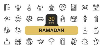 Set of 30 Ramadan icon element set. Includes lantern, Muslim, kaaba, prayer, masque, and More. Outline icons vector collection.