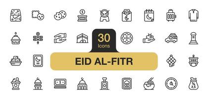 Set of 30 Eid Al-Fitr icon element sets. Includes ramadan, mosque, gift, money, lamp, zakat, donation, and More. Outline icons vector collection.