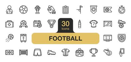 Set of 30 Football icon element set. Includes ball, ticket, stadium, medal, soccer, uniform, and More. Outline icons vector collection.