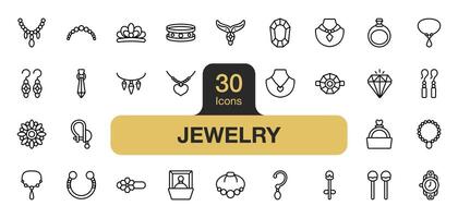 Set of 30 Jewelry icon element set. Includes ring, crown, diamond, royal ring, and More. Outline icons vector collection.