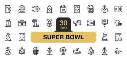Set of 30 Super Bowl icon element sets. Includes american football, ball, shoes, stadium, field, player, and More. Outline icons vector collection.