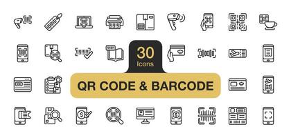 Set of 30 Qr code and barcode icon element set. Includes smartphone, product, receipt, menu, card, scanner, and More. Outline icons vector collection.