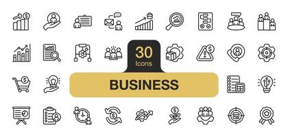 Set of 30 Business icon element set. Includes Data, analysis, marketing, strategy, idea, financial, and More. Outline icons vector collection.