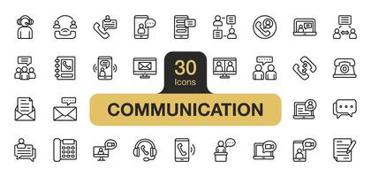 Set of 30 Communication icon element set. Includes call, message, contact, meeting, chatting, and More. Outline icons vector collection.