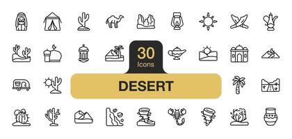 Set of 30 Desert icon element set. Includes sun, oasis, cactus, camel, palm tree, tornado, and More. Outline icons vector collection.