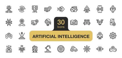 Set of 30 Artificial Intelligence icon element sets. Includes innovation, brain, vision, chat box, super intelligence, algorithm, and More. Outline icons vector collection.