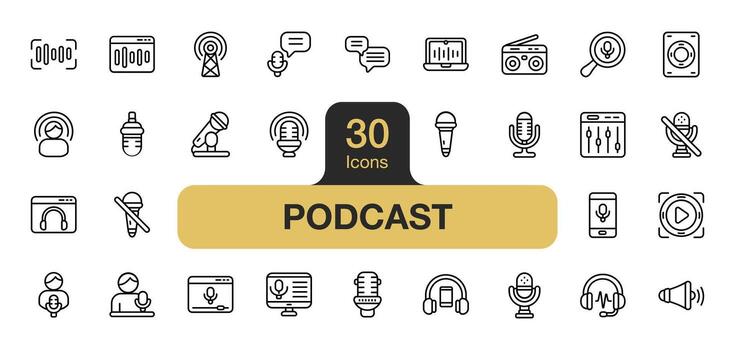 Set of 30 Podcast icon element set. Includes speaker, mic, mixer, on air, radio, broadcast, and More. Outline icons vector collection.