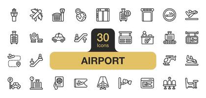 conjunto de 30 aeropuerto icono elemento colocar. incluye avión, auto, escalera mecánica, cabina, pasaporte, aterrizaje, y más. contorno íconos vector recopilación.