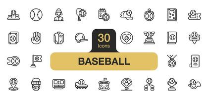 Set of 30 baseball icon element sets. Includes helmet, ticket, tournament, trophy, card, clothes, and More. Outline icons vector collection.