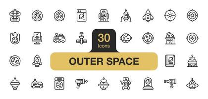 Set of 30 Space icon element sets. Includes Rocket, Space Probe, Telescope, Black Hole, Planet Earth, Moon, Ufo, Saturn, Astronaut, and More. Outline icons vector collection.