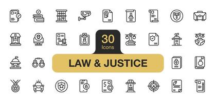 conjunto de 30 ley y justicia icono elemento conjuntos incluye aprobación, medalla, certificado, contrato, decisión, jaula, libro, y más. contorno íconos vector recopilación.