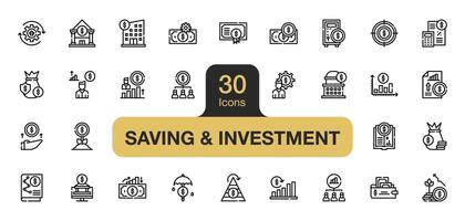 Set of 30 Saving and investment icon element sets. Includes manager, deposit, banking, management, profit, money, income, and More. Outline icons vector collection.