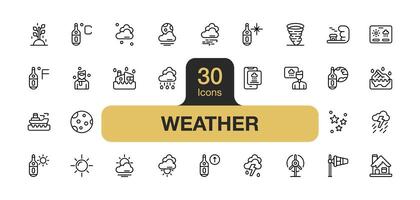 Set of 30 Weather icon element sets. Includes Stars, Cloud, Sun, Thunder, Sunrise, Cloudy Wind, Moon, Cloudy Month, Rain, and More. Outline icons vector collection.