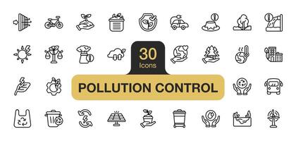 Set of 30 Pollution Control icon element sets. Includes Renewable energy, Solar panel, Wind turbine, Electric car, Bicycle, Public transportation, and More. Outline icons vector collection.