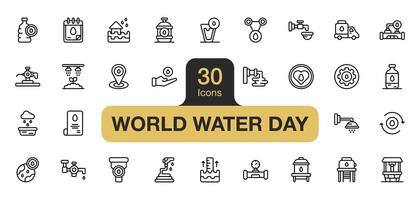 Set of 30 World Water Day icon element sets. Includes water system, report, flood, water day, water earth, and More. Outline icons vector collection.