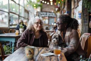 AI Generated Old beautiful Afro American woman and Caucasian woman are chatting with dog in cafe photo