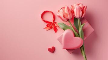 ai generado tulipanes flor con corazón forma regalo caja en rosado antecedentes foto