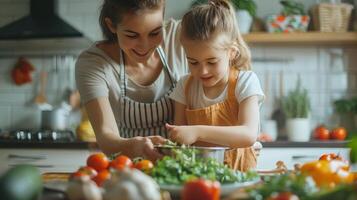 AI generated Mother cooking together with daughter in the kitchen photo