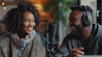 ai generado africano americano hombre y mujer divertido y disfrutando su conversacion en podcast sesión foto