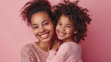 ai generado africano americano madre con su hija sonriente y alegría el madre día, en rosado pastel antecedentes foto