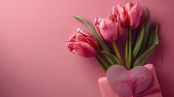 AI generated Gift box with tulips flower isolated on pink background photo