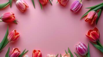 AI generated Tulips flower frame on pink background, women day, mother day photo