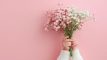 AI generated Cute child hand holding bouquet of flower on soft pink background photo